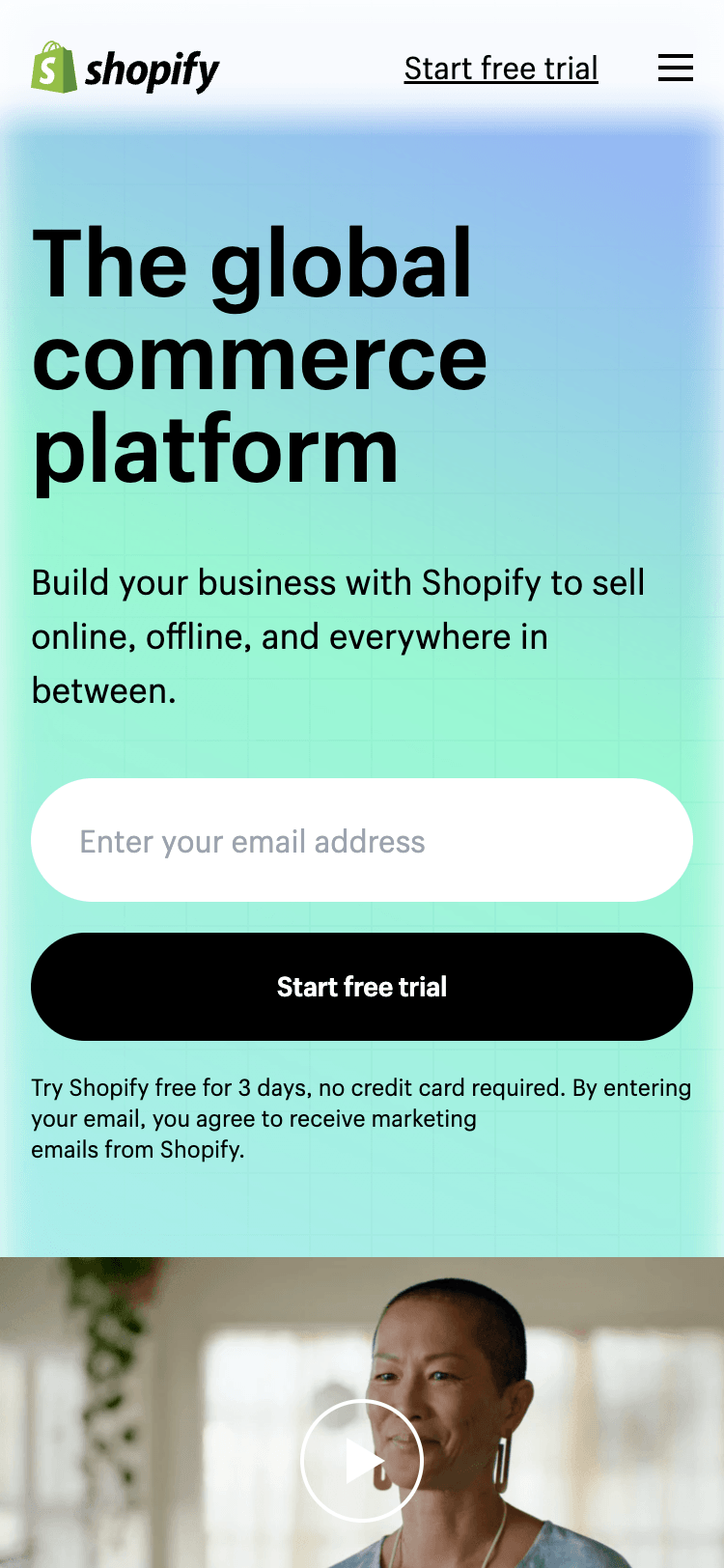 Screenshot of the Shopify website hero on a 375-pixel width mobile device. The hero is essentially the desktop version without the photo collage.